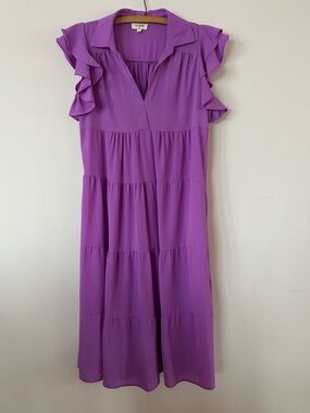 Umgee Purple Ruffle Sleeve Tiered Midi Dress size Small